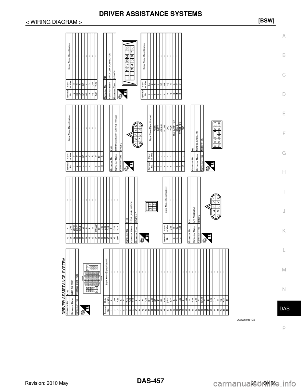 INFINITI QX56 2011  Factory Service Manual 
DAS
DRIVER ASSISTANCE SYSTEMSDAS-457
< WIRING DIAGRAM > [BSW]
C
D
E
F
G H
I
J
K L
M B
N P A
JCOWM0361GB
Revision: 2010 May2011 QX56  