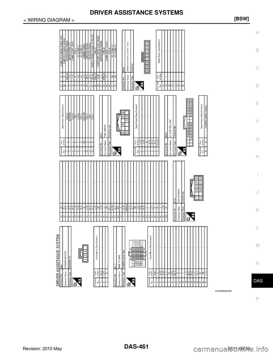 INFINITI QX56 2011  Factory Service Manual 
DAS
DRIVER ASSISTANCE SYSTEMSDAS-461
< WIRING DIAGRAM > [BSW]
C
D
E
F
G H
I
J
K L
M B
N P A
JCOWM0365GB
Revision: 2010 May2011 QX56  