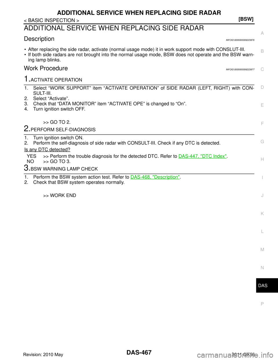 INFINITI QX56 2011  Factory Service Manual 
DAS
ADDITIONAL SERVICE WHEN REPLACING SIDE RADARDAS-467
< BASIC INSPECTION > [BSW]
C
D
E
F
G H
I
J
K L
M B
N P A
ADDITIONAL SERVICE WHEN  REPLACING SIDE RADAR
DescriptionINFOID:0000000006223876
 Aft