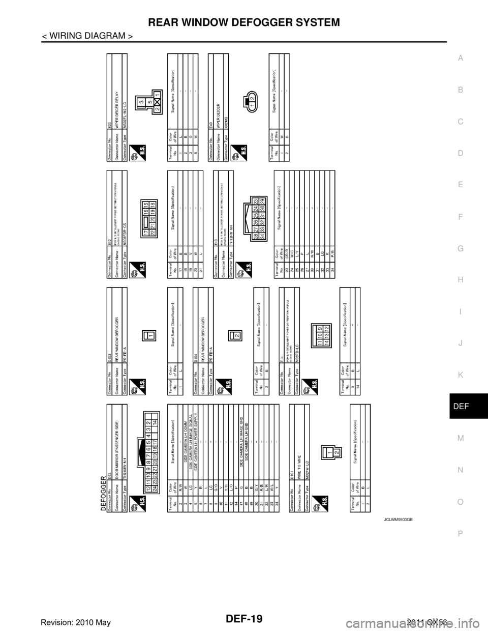 INFINITI QX56 2011  Factory Service Manual 
REAR WINDOW DEFOGGER SYSTEMDEF-19
< WIRING DIAGRAM >
C
DE
F
G H
I
J
K
M A
B
DEF
N
O P
JCLWM5503GB
Revision: 2010 May2011 QX56  