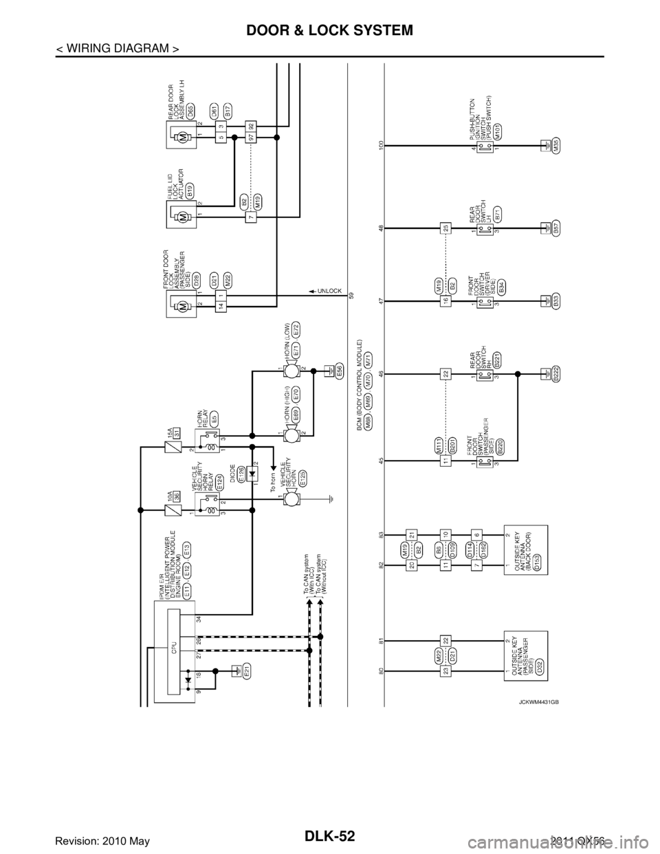 INFINITI QX56 2011  Factory Service Manual 
DLK-52
< WIRING DIAGRAM >
DOOR & LOCK SYSTEM
JCKWM4431GB
Revision: 2010 May2011 QX56  