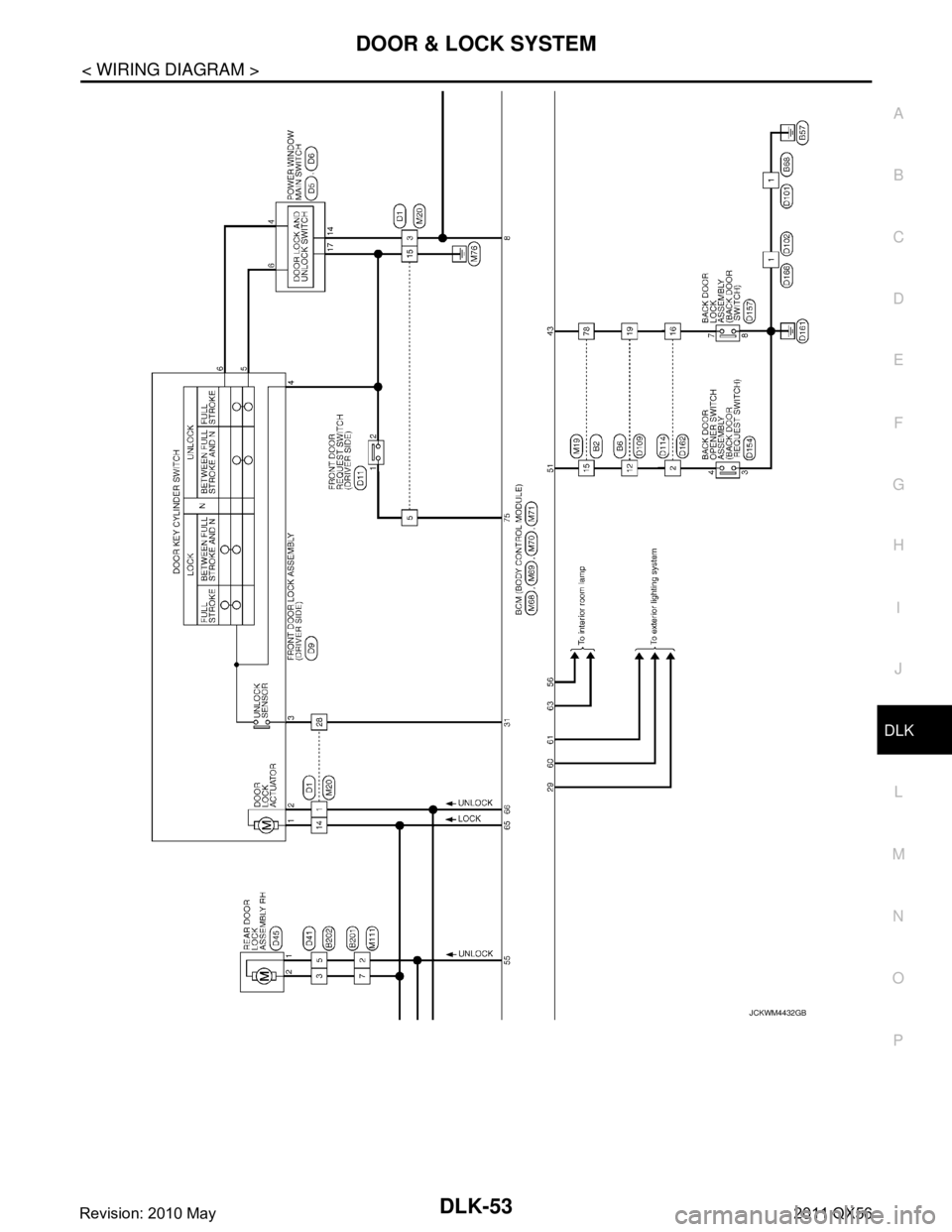 INFINITI QX56 2011  Factory Service Manual 
DOOR & LOCK SYSTEMDLK-53
< WIRING DIAGRAM >
C
DE
F
G H
I
J
L
M A
B
DLK
N
O P
JCKWM4432GB
Revision: 2010 May2011 QX56  