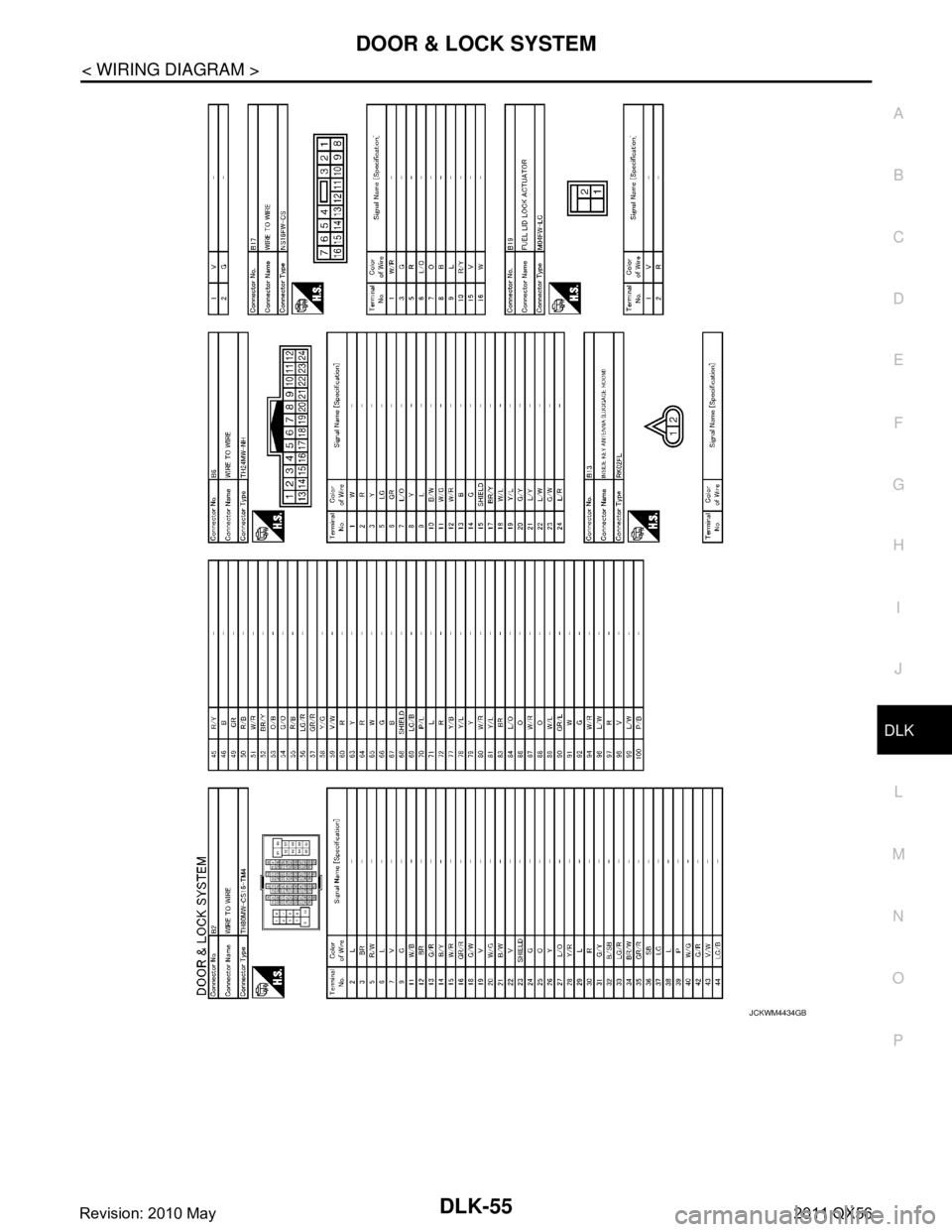 INFINITI QX56 2011  Factory Service Manual 
DOOR & LOCK SYSTEMDLK-55
< WIRING DIAGRAM >
C
DE
F
G H
I
J
L
M A
B
DLK
N
O P
JCKWM4434GB
Revision: 2010 May2011 QX56  
