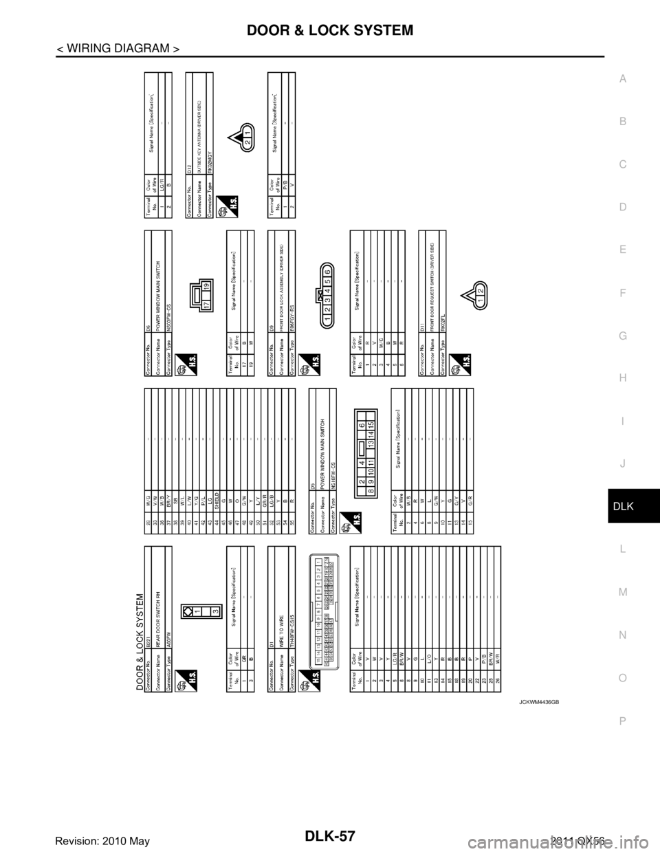 INFINITI QX56 2011  Factory Service Manual 
DOOR & LOCK SYSTEMDLK-57
< WIRING DIAGRAM >
C
DE
F
G H
I
J
L
M A
B
DLK
N
O P
JCKWM4436GB
Revision: 2010 May2011 QX56  
