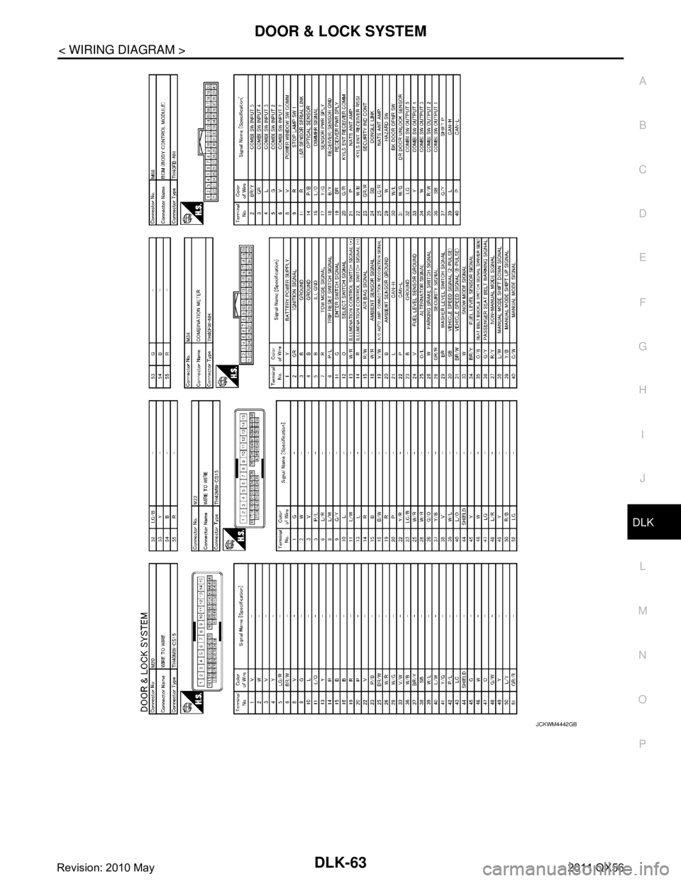 INFINITI QX56 2011  Factory Service Manual 
DOOR & LOCK SYSTEMDLK-63
< WIRING DIAGRAM >
C
DE
F
G H
I
J
L
M A
B
DLK
N
O P
JCKWM4442GB
Revision: 2010 May2011 QX56  