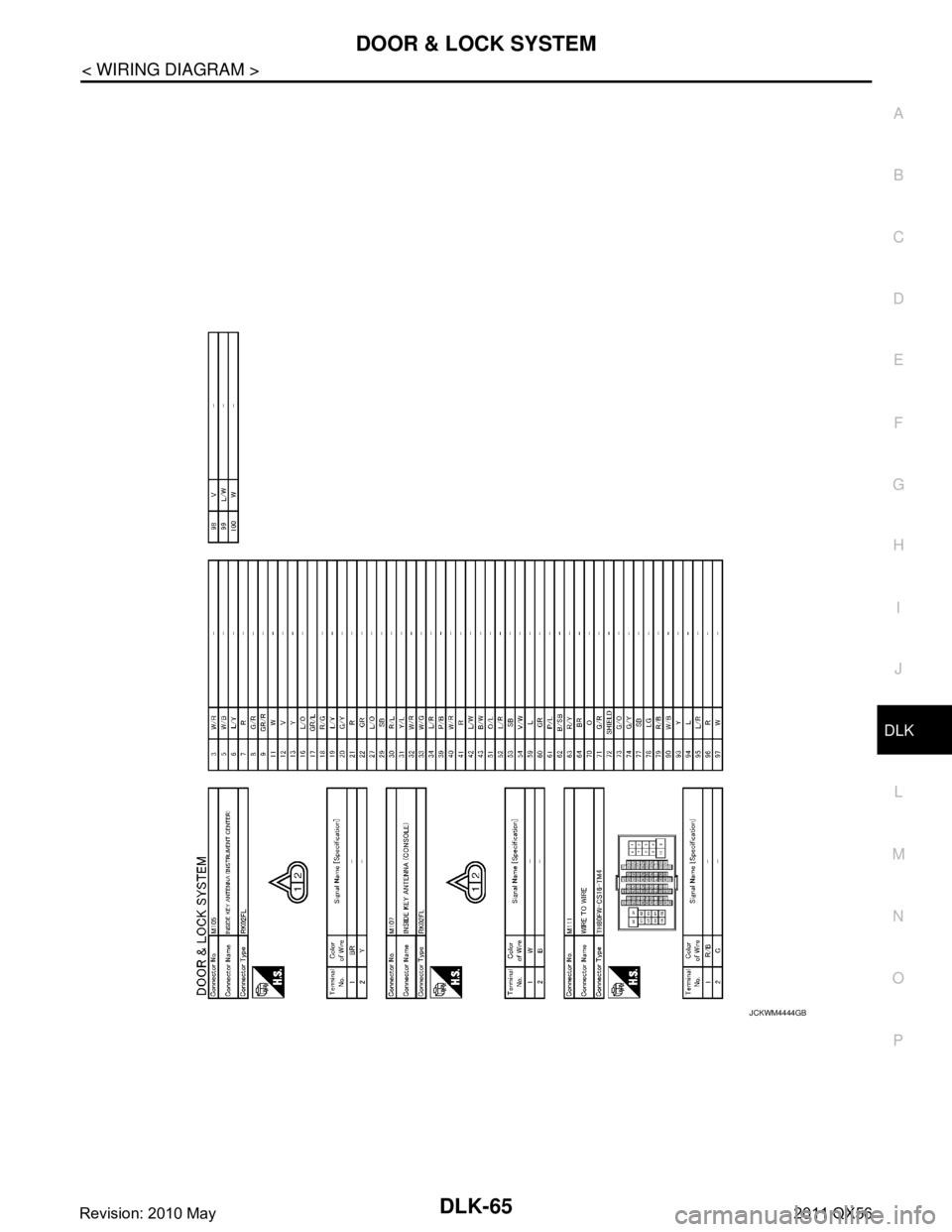 INFINITI QX56 2011  Factory Service Manual 
DOOR & LOCK SYSTEMDLK-65
< WIRING DIAGRAM >
C
DE
F
G H
I
J
L
M A
B
DLK
N
O P
JCKWM4444GB
Revision: 2010 May2011 QX56  