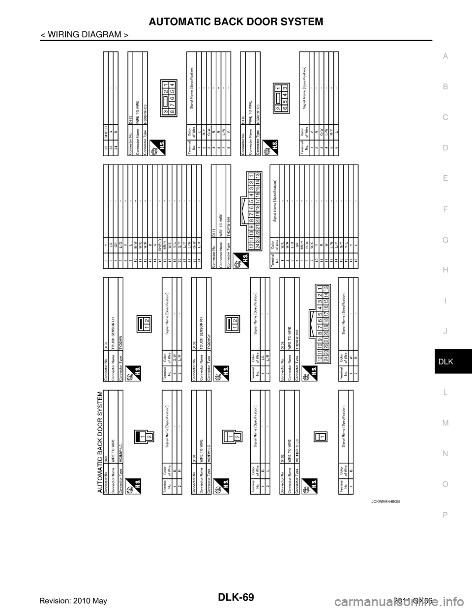 INFINITI QX56 2011  Factory Service Manual 
AUTOMATIC BACK DOOR SYSTEMDLK-69
< WIRING DIAGRAM >
C
DE
F
G H
I
J
L
M A
B
DLK
N
O P
JCKWM4448GB
Revision: 2010 May2011 QX56  