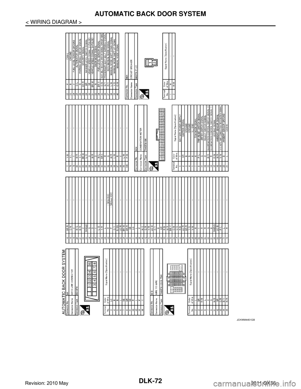 INFINITI QX56 2011  Factory Service Manual 
DLK-72
< WIRING DIAGRAM >
AUTOMATIC BACK DOOR SYSTEM
JCKWM4451GB
Revision: 2010 May2011 QX56  