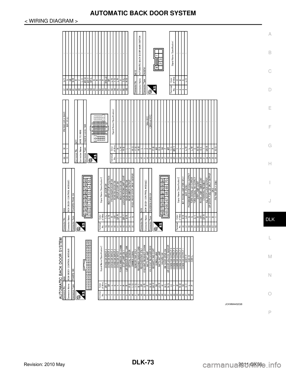 INFINITI QX56 2011  Factory Service Manual 
AUTOMATIC BACK DOOR SYSTEMDLK-73
< WIRING DIAGRAM >
C
DE
F
G H
I
J
L
M A
B
DLK
N
O P
JCKWM4452GB
Revision: 2010 May2011 QX56  