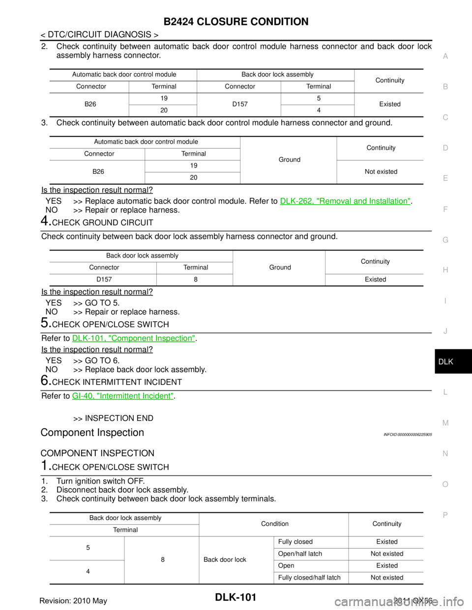 INFINITI QX56 2011 Factory Service Manual
B2424 CLOSURE CONDITIONDLK-101
< DTC/CIRCUIT DIAGNOSIS >
C
DE
F
G H
I
J
L
M A
B
DLK
N
O P
2. Check continuity between automatic back door control module harness connector and back door lock
assembly INFINITI QX56 2011 Factory Service Manual
B2424 CLOSURE CONDITIONDLK-101
< DTC/CIRCUIT DIAGNOSIS >
C
DE
F
G H
I
J
L
M A
B
DLK
N
O P
2. Check continuity between automatic back door control module harness connector and back door lock
assembly
