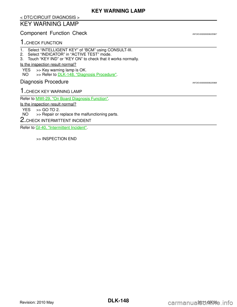 INFINITI QX56 2011  Factory Service Manual 
DLK-148
< DTC/CIRCUIT DIAGNOSIS >
KEY WARNING LAMP
KEY WARNING LAMP
Component Function CheckINFOID:0000000006225967
1.CHECK FUNCTION
1. Select “INTELLIGE NT KEY” of “BCM” using CONSULT-III.
2