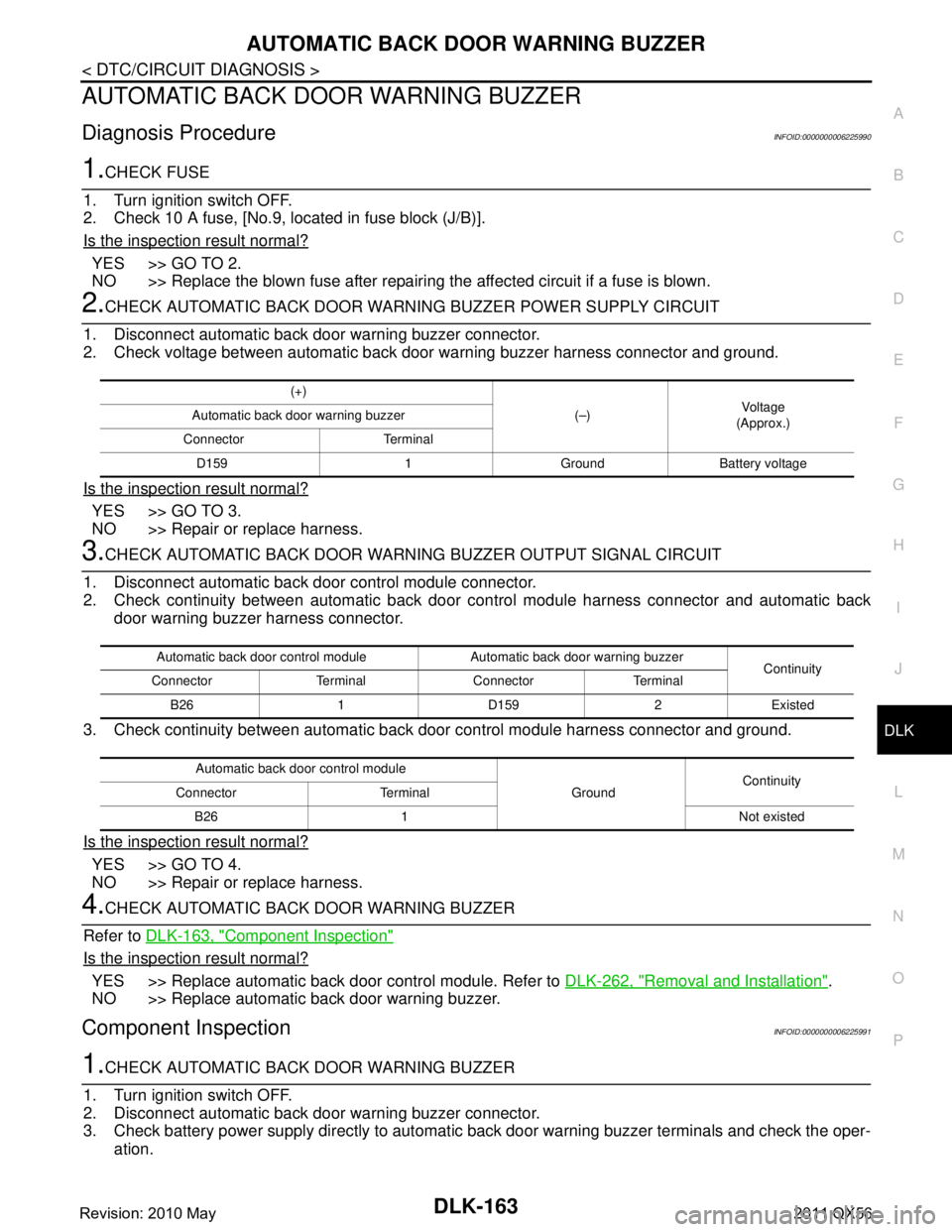 INFINITI QX56 2011 Factory Service Manual
AUTOMATIC BACK DOOR WARNING BUZZERDLK-163
< DTC/CIRCUIT DIAGNOSIS >
C
DE
F
G H
I
J
L
M A
B
DLK
N
O P
AUTOMATIC BACK DOOR WARNING BUZZER
Diagnosis ProcedureINFOID:0000000006225990
1.CHECK FUSE
1. Turn INFINITI QX56 2011 Factory Service Manual
AUTOMATIC BACK DOOR WARNING BUZZERDLK-163
< DTC/CIRCUIT DIAGNOSIS >
C
DE
F
G H
I
J
L
M A
B
DLK
N
O P
AUTOMATIC BACK DOOR WARNING BUZZER
Diagnosis ProcedureINFOID:0000000006225990
1.CHECK FUSE
1. Turn