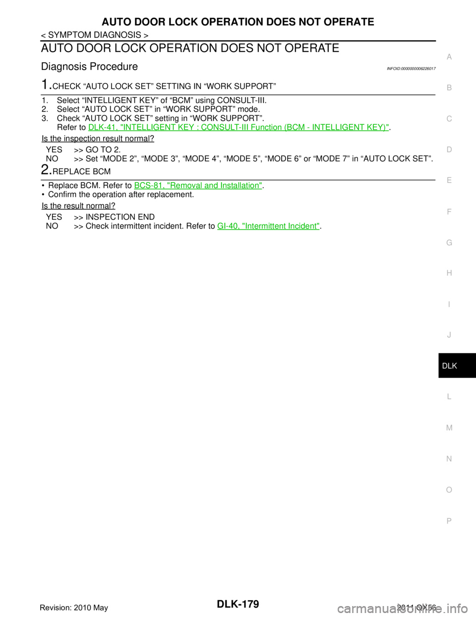 INFINITI QX56 2011  Factory Service Manual 
AUTO DOOR LOCK OPERATION DOES NOT OPERATEDLK-179
< SYMPTOM DIAGNOSIS >
C
DE
F
G H
I
J
L
M A
B
DLK
N
O P
AUTO DOOR LOCK OPERATION DOES NOT OPERATE
Diagnosis ProcedureINFOID:0000000006226017
1.CHECK 