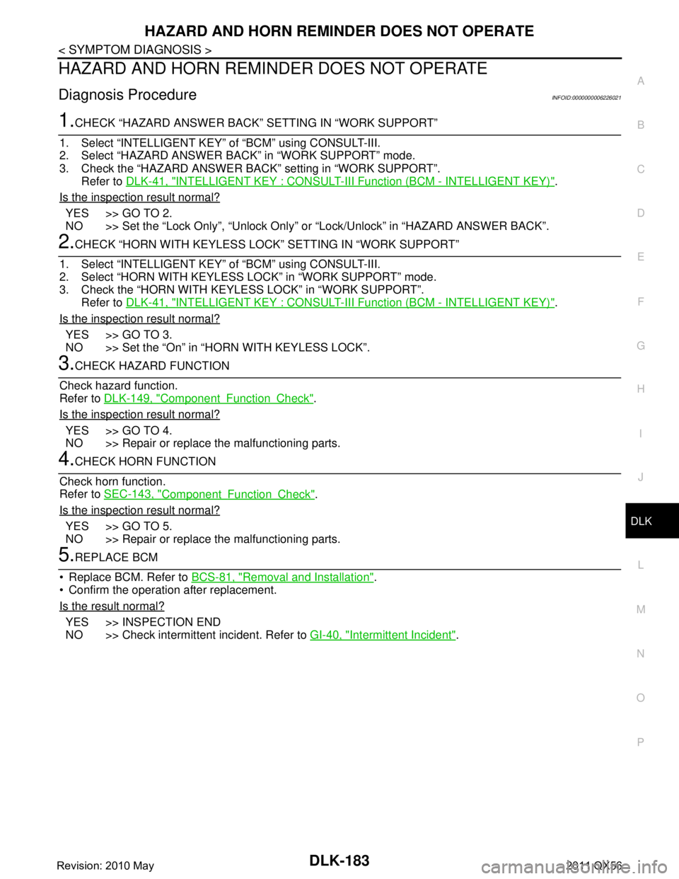 INFINITI QX56 2011 Factory Service Manual
HAZARD AND HORN REMINDER DOES NOT OPERATEDLK-183
< SYMPTOM DIAGNOSIS >
C
DE
F
G H
I
J
L
M A
B
DLK
N
O P
HAZARD AND HORN REMIND ER DOES NOT OPERATE
Diagnosis ProcedureINFOID:0000000006226021
1.CHECK INFINITI QX56 2011 Factory Service Manual
HAZARD AND HORN REMINDER DOES NOT OPERATEDLK-183
< SYMPTOM DIAGNOSIS >
C
DE
F
G H
I
J
L
M A
B
DLK
N
O P
HAZARD AND HORN REMIND ER DOES NOT OPERATE
Diagnosis ProcedureINFOID:0000000006226021
1.CHECK