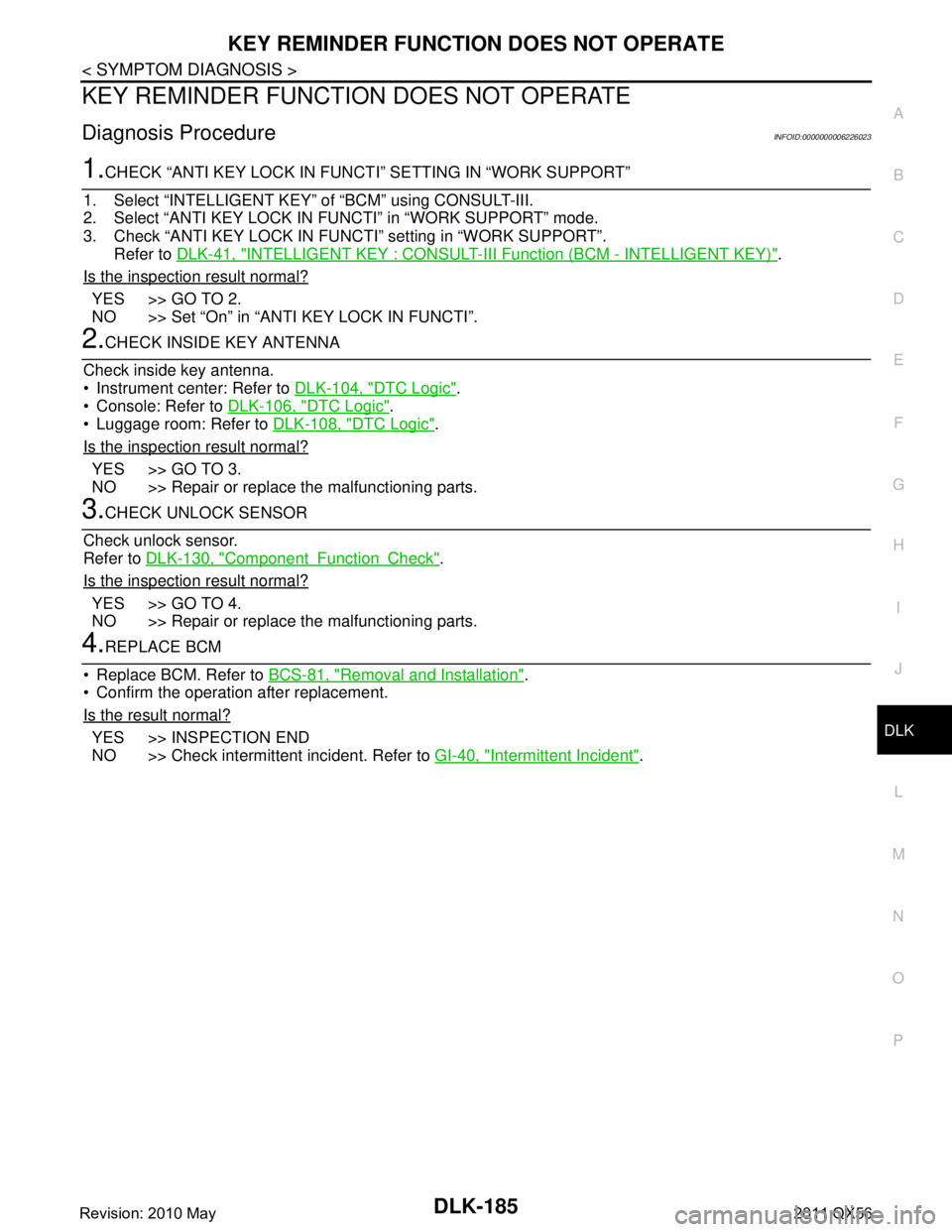 INFINITI QX56 2011 Factory Service Manual
KEY REMINDER FUNCTION DOES NOT OPERATEDLK-185
< SYMPTOM DIAGNOSIS >
C
DE
F
G H
I
J
L
M A
B
DLK
N
O P
KEY REMINDER FUNCTION DOES NOT OPERATE
Diagnosis ProcedureINFOID:0000000006226023
1.CHECK “ANTI INFINITI QX56 2011 Factory Service Manual
KEY REMINDER FUNCTION DOES NOT OPERATEDLK-185
< SYMPTOM DIAGNOSIS >
C
DE
F
G H
I
J
L
M A
B
DLK
N
O P
KEY REMINDER FUNCTION DOES NOT OPERATE
Diagnosis ProcedureINFOID:0000000006226023
1.CHECK “ANTI