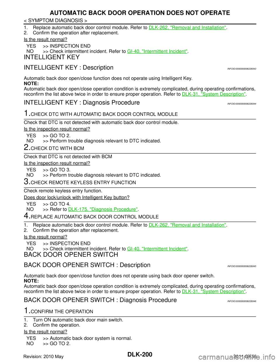 INFINITI QX56 2011  Factory Service Manual 
DLK-200
< SYMPTOM DIAGNOSIS >
AUTOMATIC BACK DOOR OPERATION DOES NOT OPERATE
1. Replace automatic back door control module. Refer to  DLK-262, "Removal and Installation".
2. Confirm the operation aft