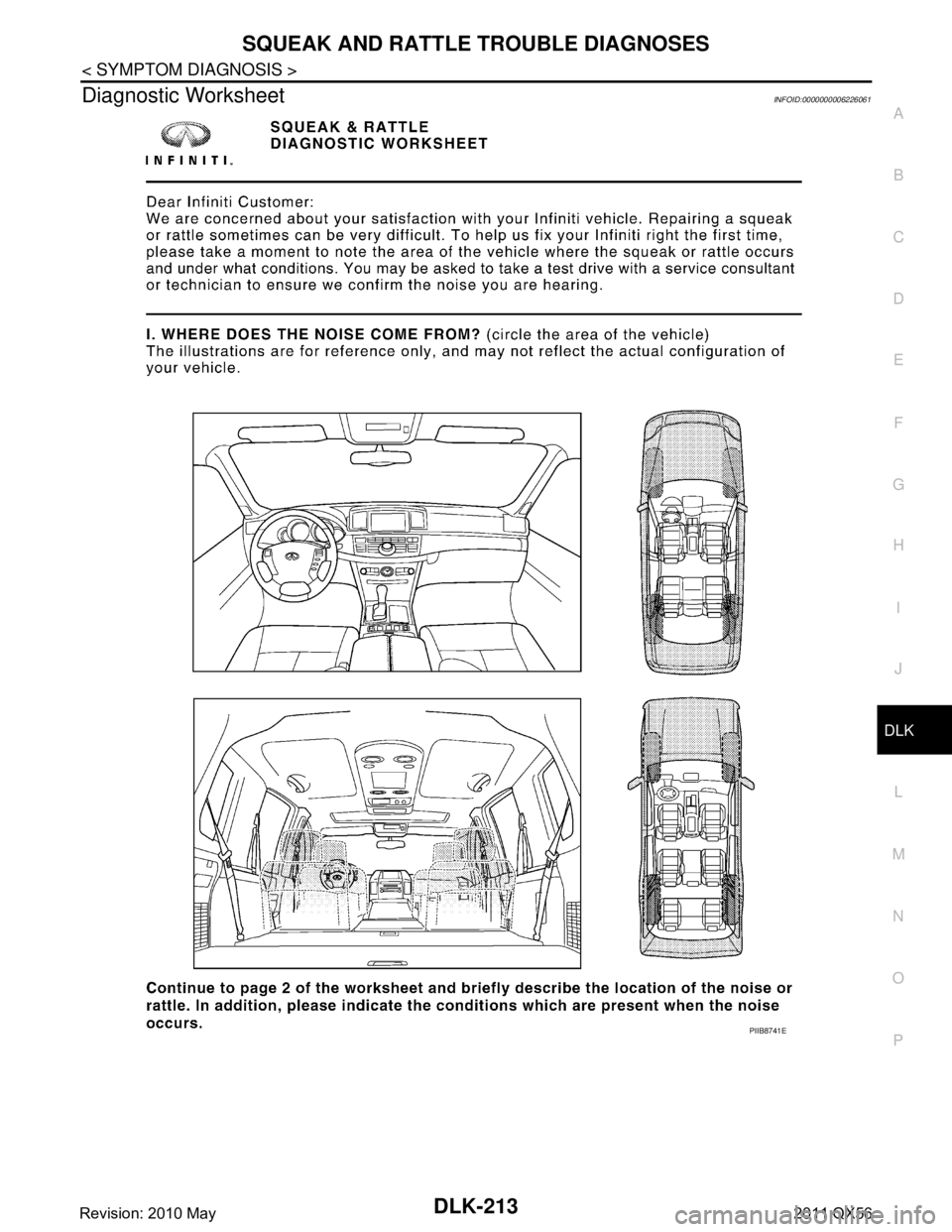 INFINITI QX56 2011  Factory Service Manual 
SQUEAK AND RATTLE TROUBLE DIAGNOSESDLK-213
< SYMPTOM DIAGNOSIS >
C
DE
F
G H
I
J
L
M A
B
DLK
N
O P
Diagnostic WorksheetINFOID:0000000006226061
PIIB8741E
Revision: 2010 May2011 QX56  