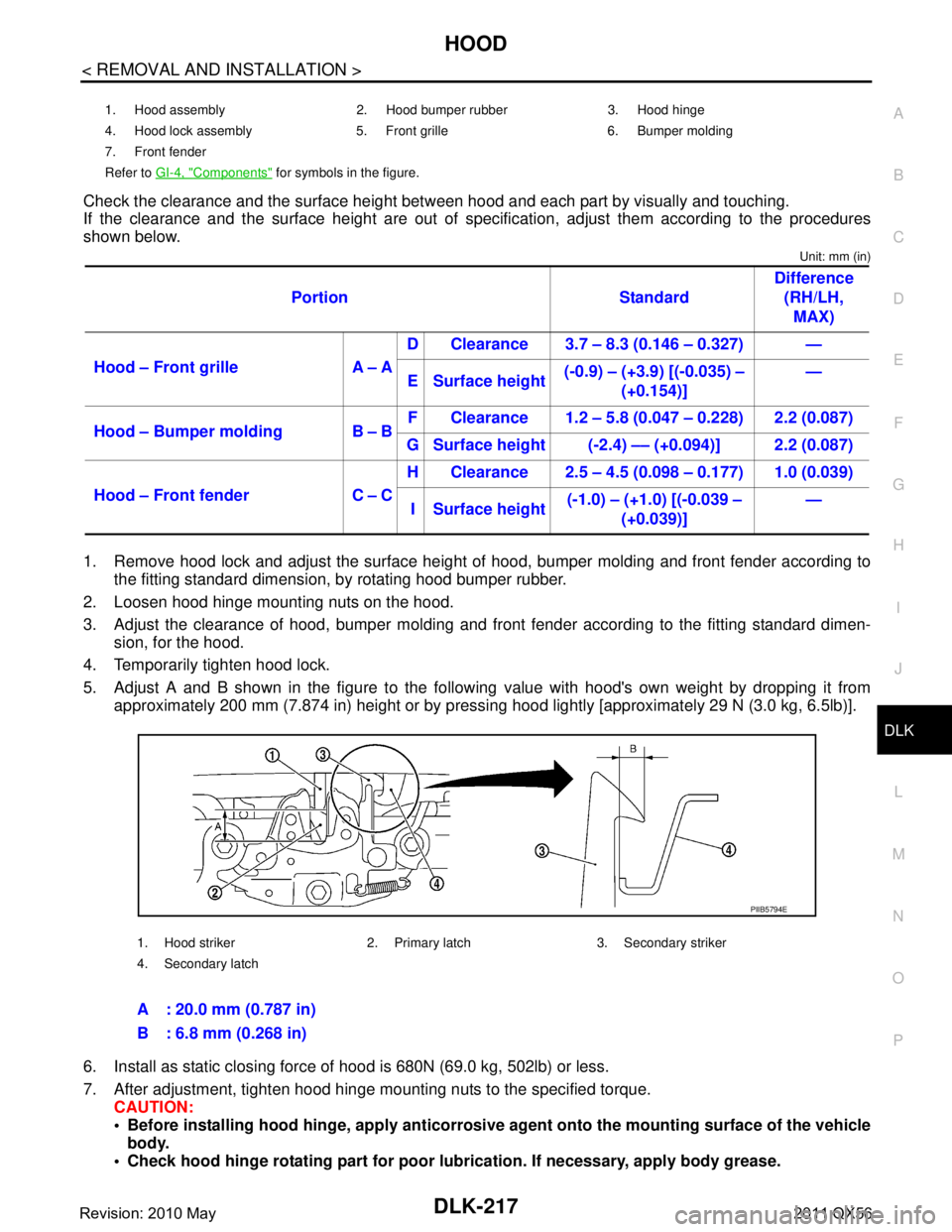 INFINITI QX56 2011 Factory Service Manual
HOOD
DLK-217
< REMOVAL AND INSTALLATION >
C
D E
F
G H
I
J
L
M A
B
DLK
N
O P
Check the clearance and the surface height betw een hood and each part by visually and touching.
If the clearance and the s INFINITI QX56 2011 Factory Service Manual
HOOD
DLK-217
< REMOVAL AND INSTALLATION >
C
D E
F
G H
I
J
L
M A
B
DLK
N
O P
Check the clearance and the surface height betw een hood and each part by visually and touching.
If the clearance and the s
