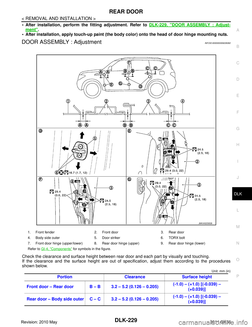 INFINITI QX56 2011  Factory Service Manual 
REAR DOORDLK-229
< REMOVAL AND INSTALLATION >
C
DE
F
G H
I
J
L
M A
B
DLK
N
O P
 After installation, perform th e fitting adjustment. Refer to  DLK-229, "DOOR ASSEMBLY : Adjust-
ment".
 After instal