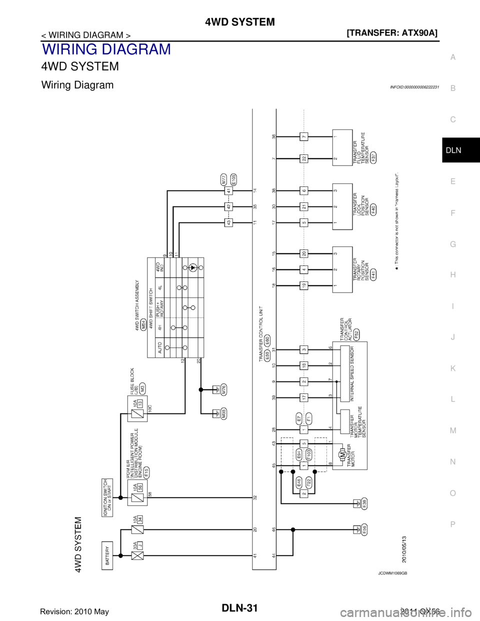 INFINITI QX56 2011  Factory Service Manual 
4WD SYSTEMDLN-31
< WIRING DIAGRAM > [TRANSFER: ATX90A]
C
EF
G H
I
J
K L
M A
B
DLN
N
O P
WIRING DIAGRAM
4WD SYSTEM
Wiring DiagramINFOID:0000000006222231
JCDWM1069GB
Revision: 2010 May2011 QX56  