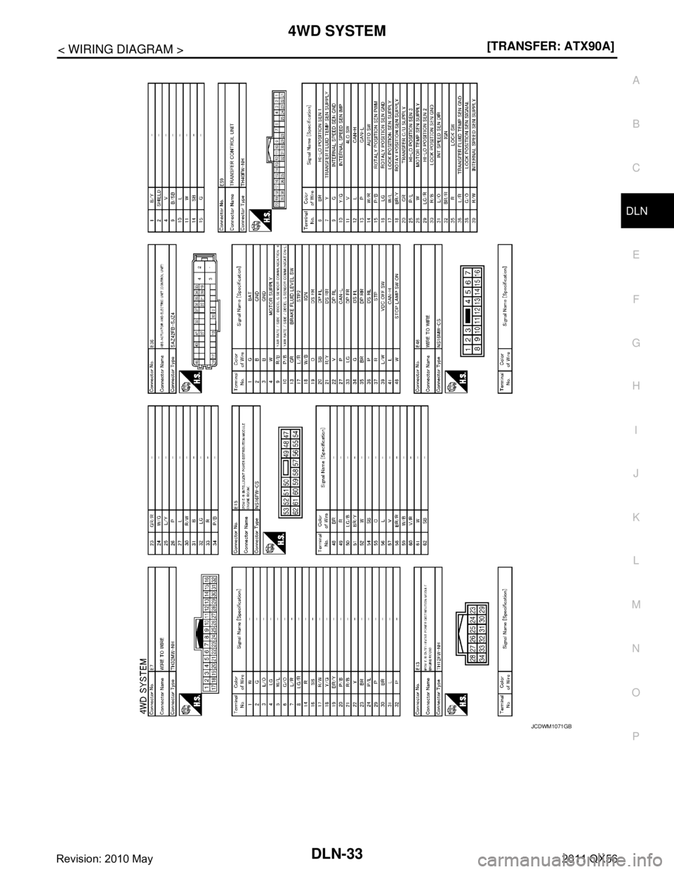 INFINITI QX56 2011  Factory Service Manual 
4WD SYSTEMDLN-33
< WIRING DIAGRAM > [TRANSFER: ATX90A]
C
EF
G H
I
J
K L
M A
B
DLN
N
O P
JCDWM1071GB
Revision: 2010 May2011 QX56  