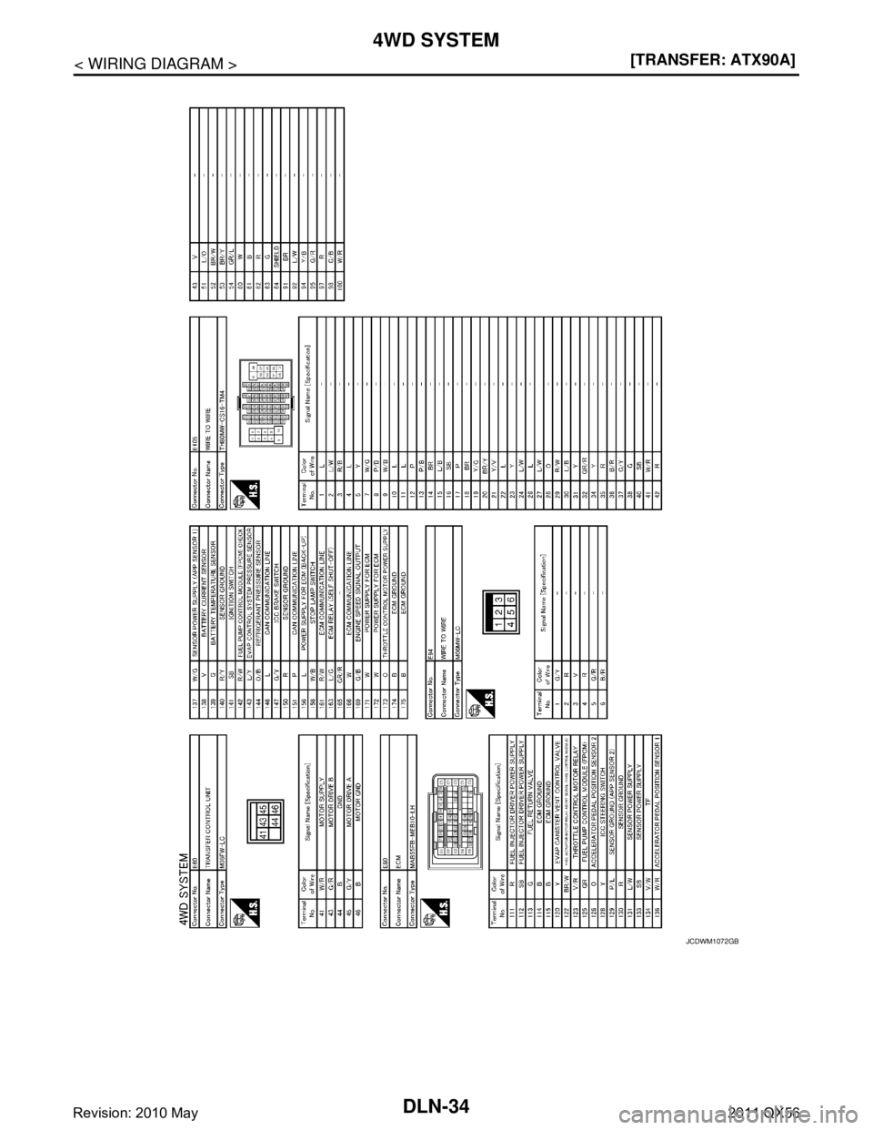 INFINITI QX56 2011  Factory Service Manual 
DLN-34
< WIRING DIAGRAM >[TRANSFER: ATX90A]
4WD SYSTEM
JCDWM1072GB
Revision: 2010 May2011 QX56  