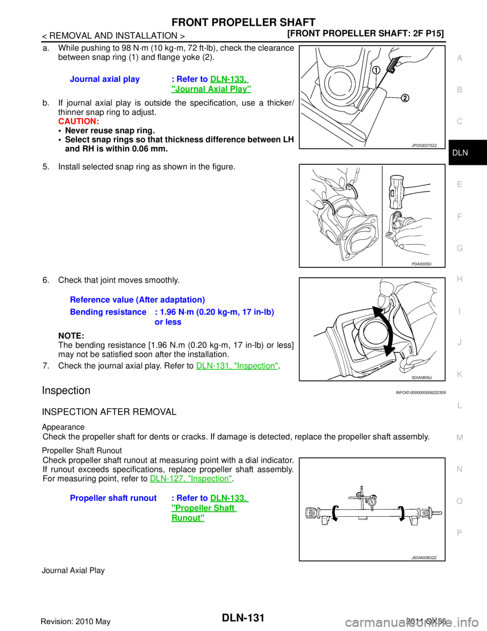 INFINITI QX56 2011  Factory Service Manual 
FRONT PROPELLER SHAFTDLN-131
< REMOVAL AND INSTALLATION > [FRONT PROPELLER SHAFT: 2F P15]
C
EF
G H
I
J
K L
M A
B
DLN
N
O P
a. While pushing to 98 N·m (10 kg-m, 72 ft-lb), check the clearance between