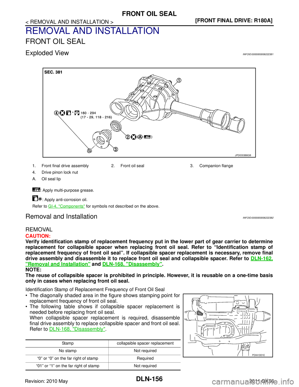 INFINITI QX56 2011  Factory Service Manual 
DLN-156
< REMOVAL AND INSTALLATION >[FRONT FINAL DRIVE: R180A]
FRONT OIL SEAL
REMOVAL AND INSTALLATION
FRONT OIL SEAL
Exploded ViewINFOID:0000000006222381
Removal and InstallationINFOID:0000000006222