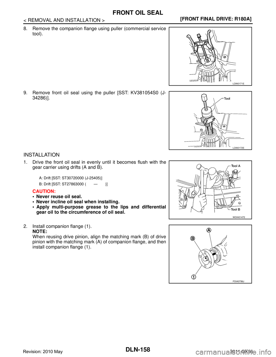 INFINITI QX56 2011  Factory Service Manual 
DLN-158
< REMOVAL AND INSTALLATION >[FRONT FINAL DRIVE: R180A]
FRONT OIL SEAL
8. Remove the companion flange using puller (commercial service
tool).
9. Remove front oil seal using the puller [SST: KV