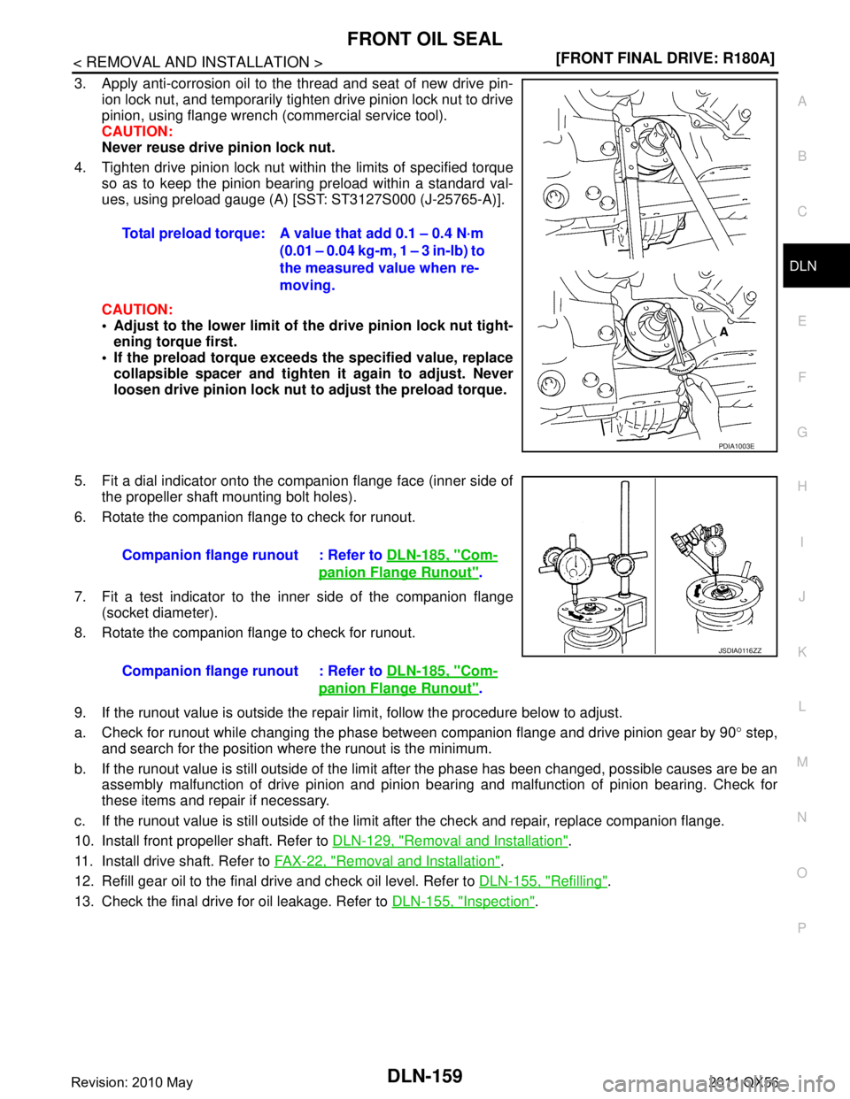 INFINITI QX56 2011  Factory Service Manual 
FRONT OIL SEALDLN-159
< REMOVAL AND INSTALLATION > [FRONT FINAL DRIVE: R180A]
C
EF
G H
I
J
K L
M A
B
DLN
N
O P
3. Apply anti-corrosion oil to the thread and seat of new drive pin- ion lock nut, and t