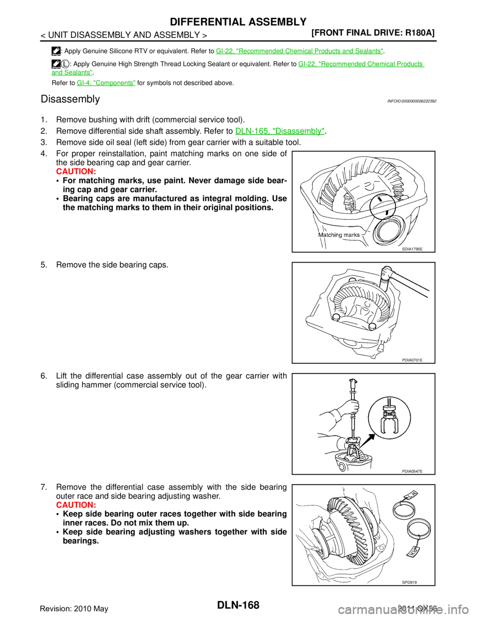 INFINITI QX56 2011  Factory Service Manual 
DLN-168
< UNIT DISASSEMBLY AND ASSEMBLY >[FRONT FINAL DRIVE: R180A]
DIFFERENTIAL ASSEMBLY
Disassembly
INFOID:0000000006222392
1. Remove bushing with drift (commercial service tool).
2. Remove differe