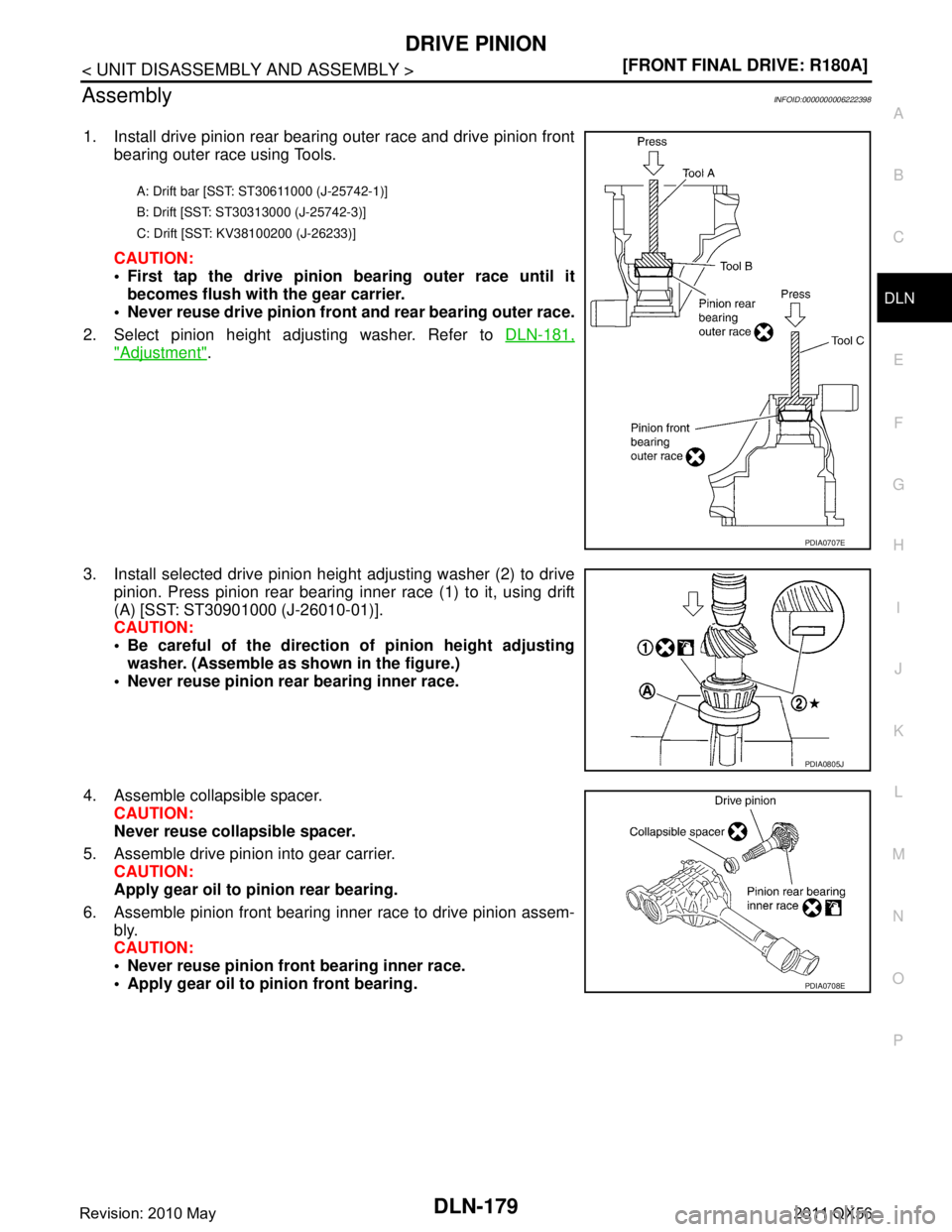 INFINITI QX56 2011  Factory Service Manual 
DRIVE PINIONDLN-179
< UNIT DISASSEMBLY AND ASSEMBLY > [FRONT FINAL DRIVE: R180A]
C
EF
G H
I
J
K L
M A
B
DLN
N
O P
AssemblyINFOID:0000000006222398
1. Install drive pinion rear bearing outer race and d