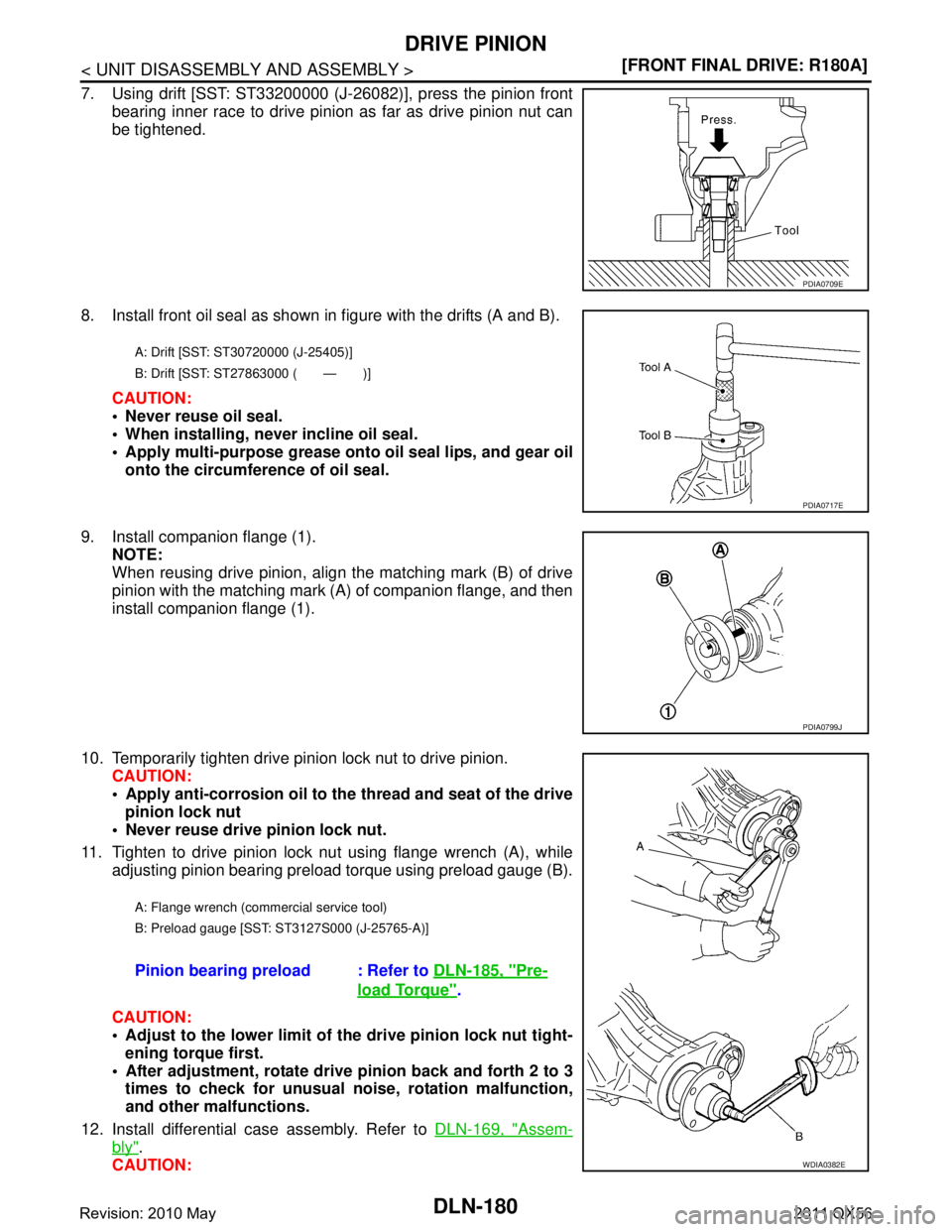 INFINITI QX56 2011  Factory Service Manual 
DLN-180
< UNIT DISASSEMBLY AND ASSEMBLY >[FRONT FINAL DRIVE: R180A]
DRIVE PINION
7. Using drift [SST: ST33200000 (J-26082)], press the pinion front
bearing inner race to drive pinion as far as drive 
