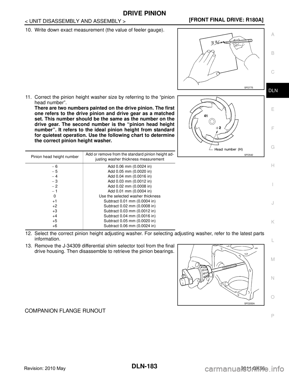 INFINITI QX56 2011  Factory Service Manual 
DRIVE PINIONDLN-183
< UNIT DISASSEMBLY AND ASSEMBLY > [FRONT FINAL DRIVE: R180A]
C
EF
G H
I
J
K L
M A
B
DLN
N
O P
10. Write down exact measurement (the value of feeler gauge).
11. Correct the pinion 