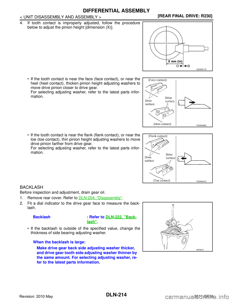 INFINITI QX56 2011  Factory Service Manual 
DLN-214
< UNIT DISASSEMBLY AND ASSEMBLY >[REAR FINAL DRIVE: R230]
DIFFERENTIAL ASSEMBLY
4. If tooth contact is improperly adjusted, follow the procedure
below to adjust the pinion height [dimension (