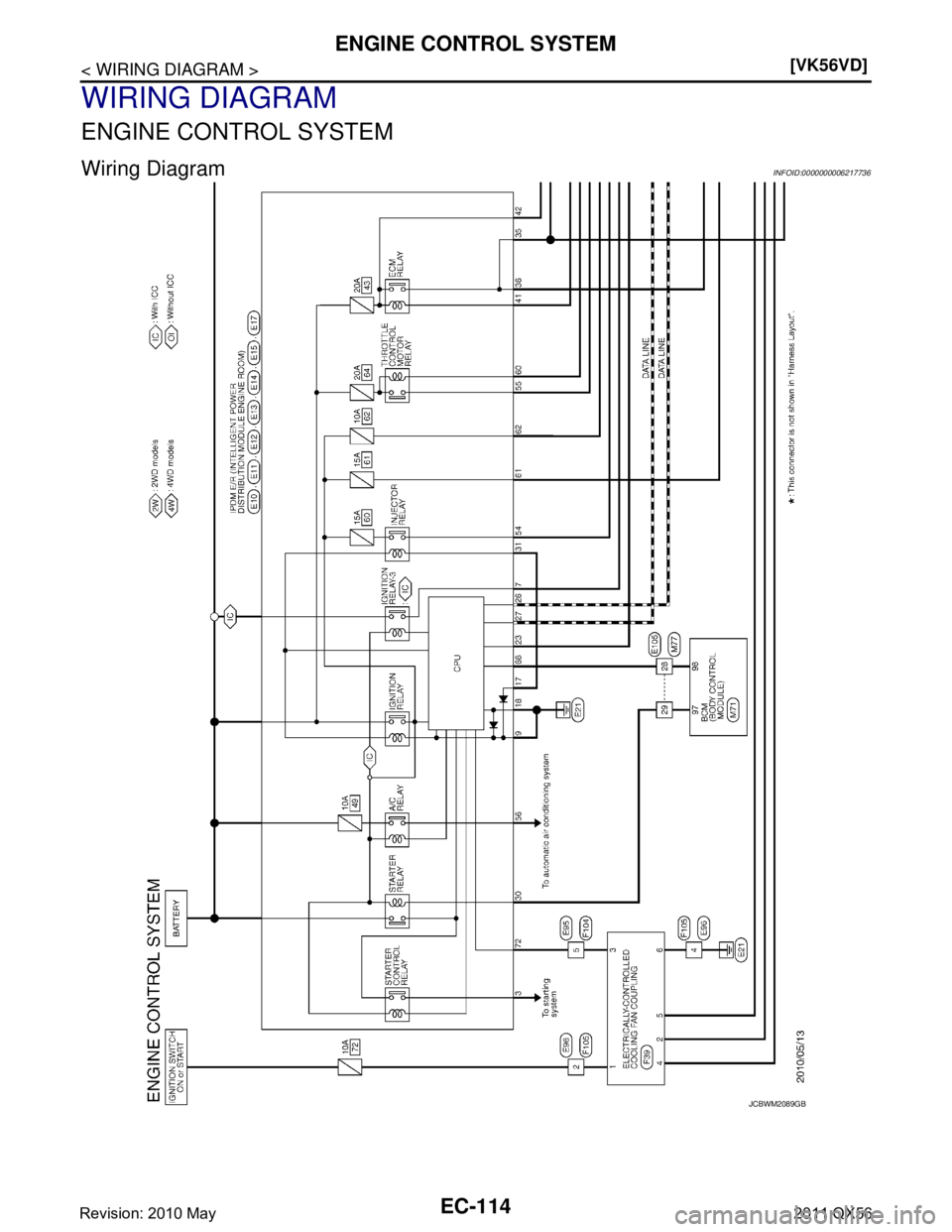 INFINITI QX56 2011  Factory Service Manual 
EC-114
< WIRING DIAGRAM >[VK56VD]
ENGINE CONTROL SYSTEM
WIRING DIAGRAM
ENGINE CONTROL SYSTEM
Wiring DiagramINFOID:0000000006217736
JCBWM2089GB
Revision: 2010 May2011 QX56  