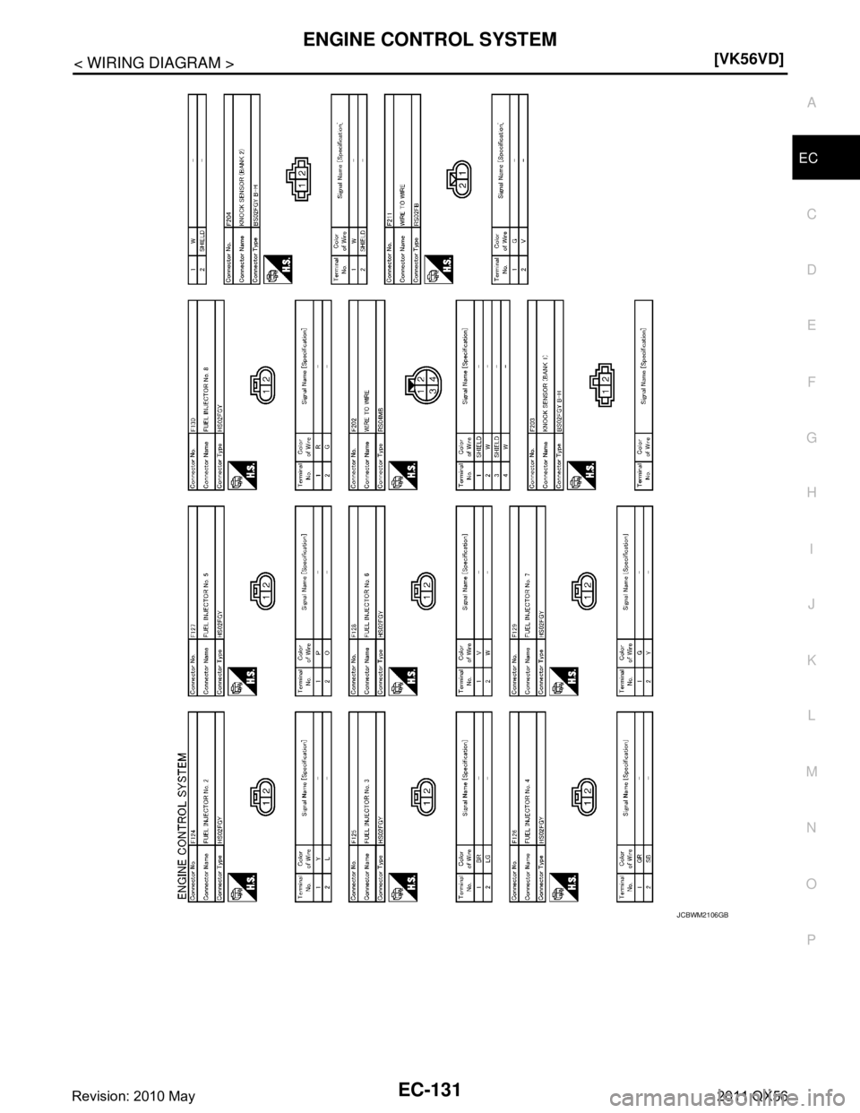 INFINITI QX56 2011  Factory Service Manual 
ENGINE CONTROL SYSTEMEC-131
< WIRING DIAGRAM > [VK56VD]
C
D
E
F
G H
I
J
K L
M A
EC
NP
O
JCBWM2106GB
Revision: 2010 May2011 QX56  