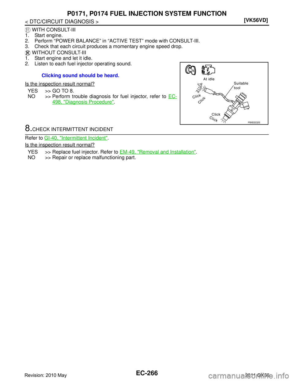 INFINITI QX56 2011  Factory Service Manual 
EC-266
< DTC/CIRCUIT DIAGNOSIS >[VK56VD]
P0171, P0174 FUEL INJECTION SYSTEM FUNCTION
 WITH CONSULT-III
1. Start engine.
2. Perform “POWER BALANCE” in “A CTIVE TEST” mode with CONSULT-III.
3. 