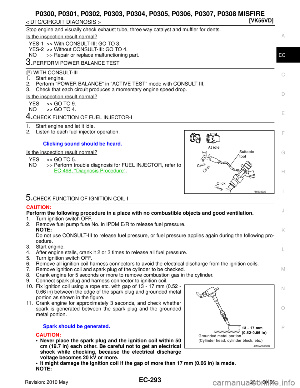 INFINITI QX56 2011  Factory Service Manual 
P0300, P0301, P0302, P0303, P0304, P0305, P0306, P0307, P0308 MISFIRE
EC-293
< DTC/CIRCUIT DIAGNOSIS > [VK56VD]
C
D
E
F
G H
I
J
K L
M A
EC
NP
O
Stop engine and visually check exhaust tube, three way 