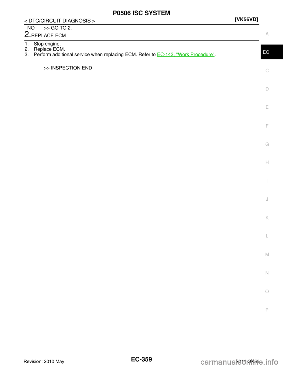 INFINITI QX56 2011  Factory Service Manual 
P0506 ISC SYSTEMEC-359
< DTC/CIRCUIT DIAGNOSIS > [VK56VD]
C
D
E
F
G H
I
J
K L
M A
EC
NP
O
NO >> GO TO 2.
2.REPLACE ECM
1. Stop engine.
2. Replace ECM.
3. Perform additional service when replacing ECM