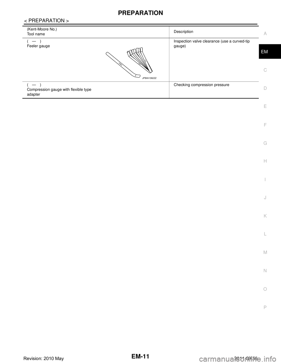 INFINITI QX56 2011  Factory Service Manual 
PREPARATIONEM-11
< PREPARATION >
C
DE
F
G H
I
J
K L
M A
EM
NP
O
(—)
Feeler gauge
Inspection valve clearance (use a curved-tip 
gauge)
(—)
Compression gauge with flexible type 
adapter Checking co