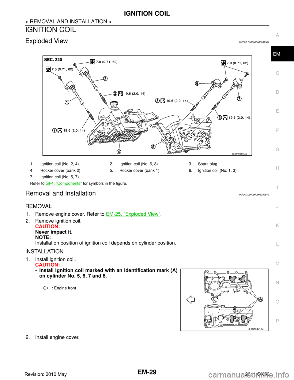 INFINITI QX56 2011  Factory Service Manual 
IGNITION COILEM-29
< REMOVAL AND INSTALLATION >
C
DE
F
G H
I
J
K L
M A
EM
NP
O
IGNITION COIL
Exploded ViewINFOID:0000000006289541
Removal and InstallationINFOID:0000000006289542
REMOVAL
1. Remove eng