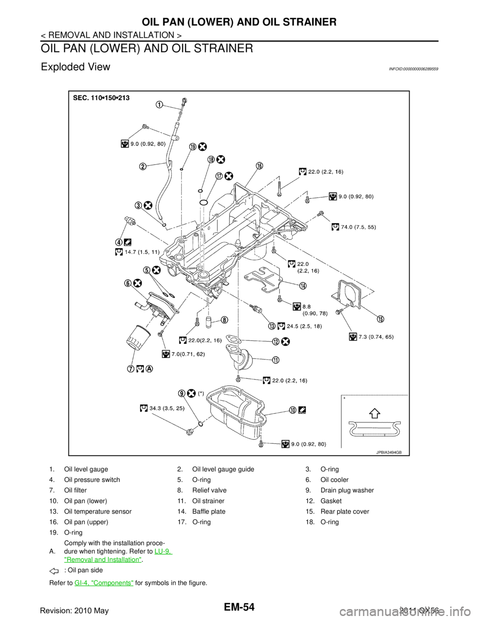 INFINITI QX56 2011  Factory Service Manual 
EM-54
< REMOVAL AND INSTALLATION >
OIL PAN (LOWER) AND OIL STRAINER
OIL PAN (LOWER) AND OIL STRAINER
Exploded ViewINFOID:0000000006289559
1. Oil level gauge 2. Oil level gauge guide 3. O-ring
4. Oil 