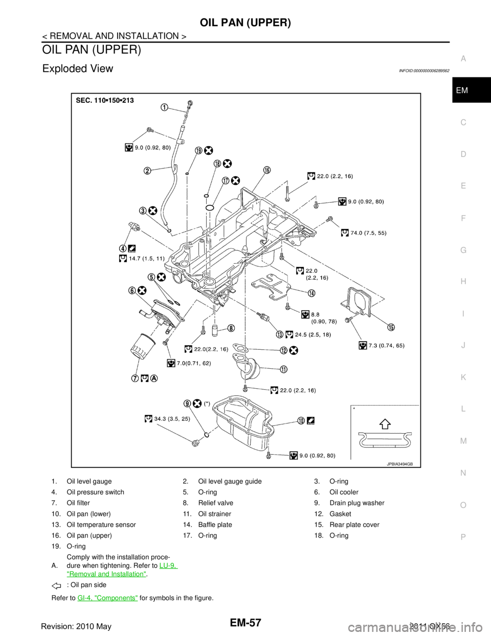 INFINITI QX56 2011  Factory Service Manual 
OIL PAN (UPPER)EM-57
< REMOVAL AND INSTALLATION >
C
DE
F
G H
I
J
K L
M A
EM
NP
O
OIL PAN (UPPER)
Exploded ViewINFOID:0000000006289562
1. Oil level gauge 2. Oil level gauge guide 3. O-ring
4. Oil pres