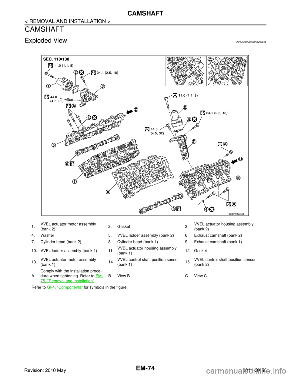 INFINITI QX56 2011  Factory Service Manual 
EM-74
< REMOVAL AND INSTALLATION >
CAMSHAFT
CAMSHAFT
Exploded ViewINFOID:0000000006289568
1.VVEL actuator motor assembly 
(bank 2) 2. Gasket 3.
VVEL actuator ho
using assembly 
(bank 2)
4. Washer 5. 