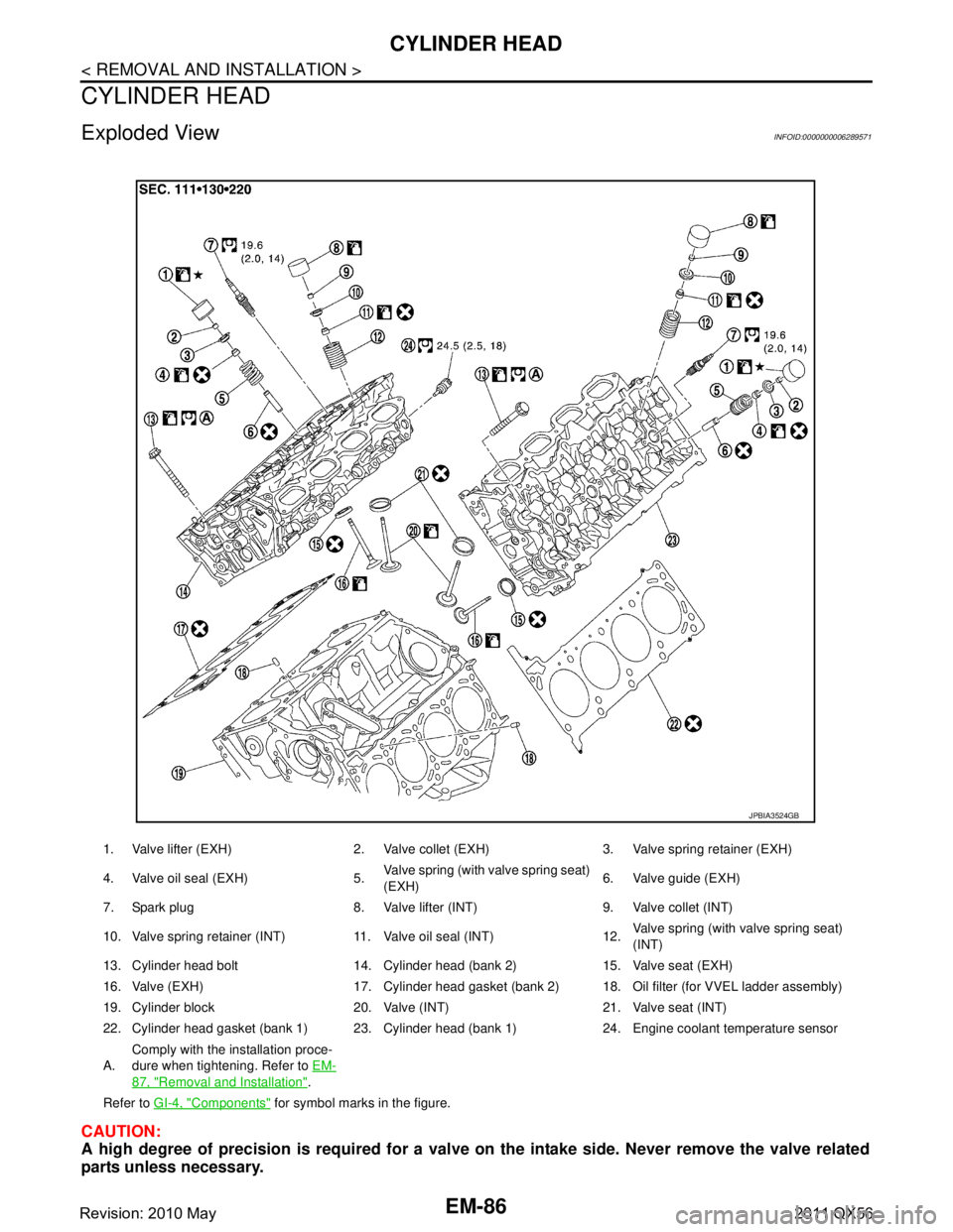 INFINITI QX56 2011 Factory Service Manual
EM-86
< REMOVAL AND INSTALLATION >
CYLINDER HEAD
CYLINDER HEAD
Exploded ViewINFOID:0000000006289571
CAUTION:
A high degree of precision is required for a valve on the intake side. Never remove the va INFINITI QX56 2011 Factory Service Manual
EM-86
< REMOVAL AND INSTALLATION >
CYLINDER HEAD
CYLINDER HEAD
Exploded ViewINFOID:0000000006289571
CAUTION:
A high degree of precision is required for a valve on the intake side. Never remove the va