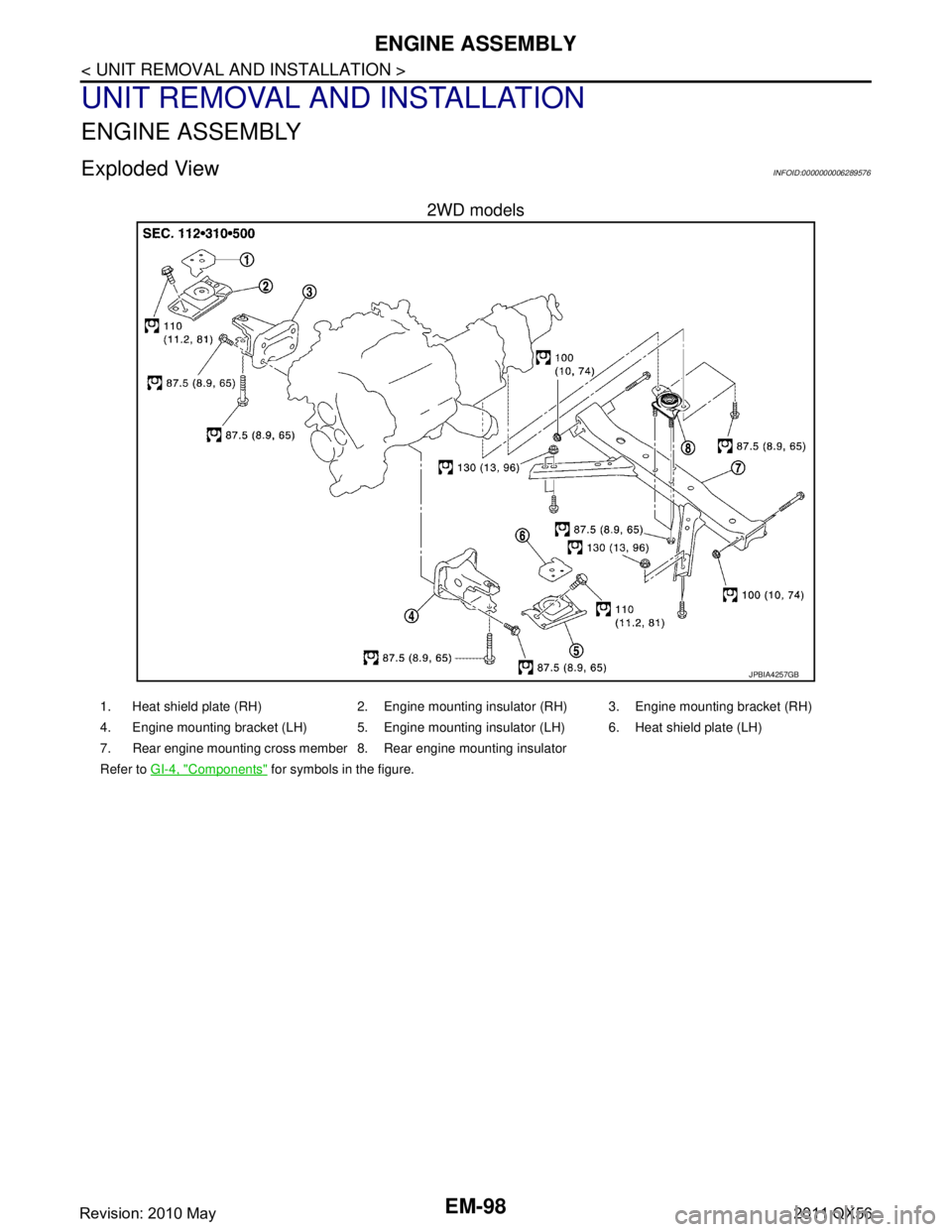 INFINITI QX56 2011  Factory Service Manual 
EM-98
< UNIT REMOVAL AND INSTALLATION >
ENGINE ASSEMBLY
UNIT REMOVAL AND INSTALLATION
ENGINE ASSEMBLY
Exploded ViewINFOID:0000000006289576
2WD models
JPBIA4257GB
1. Heat shield plate (RH) 2. Engine m