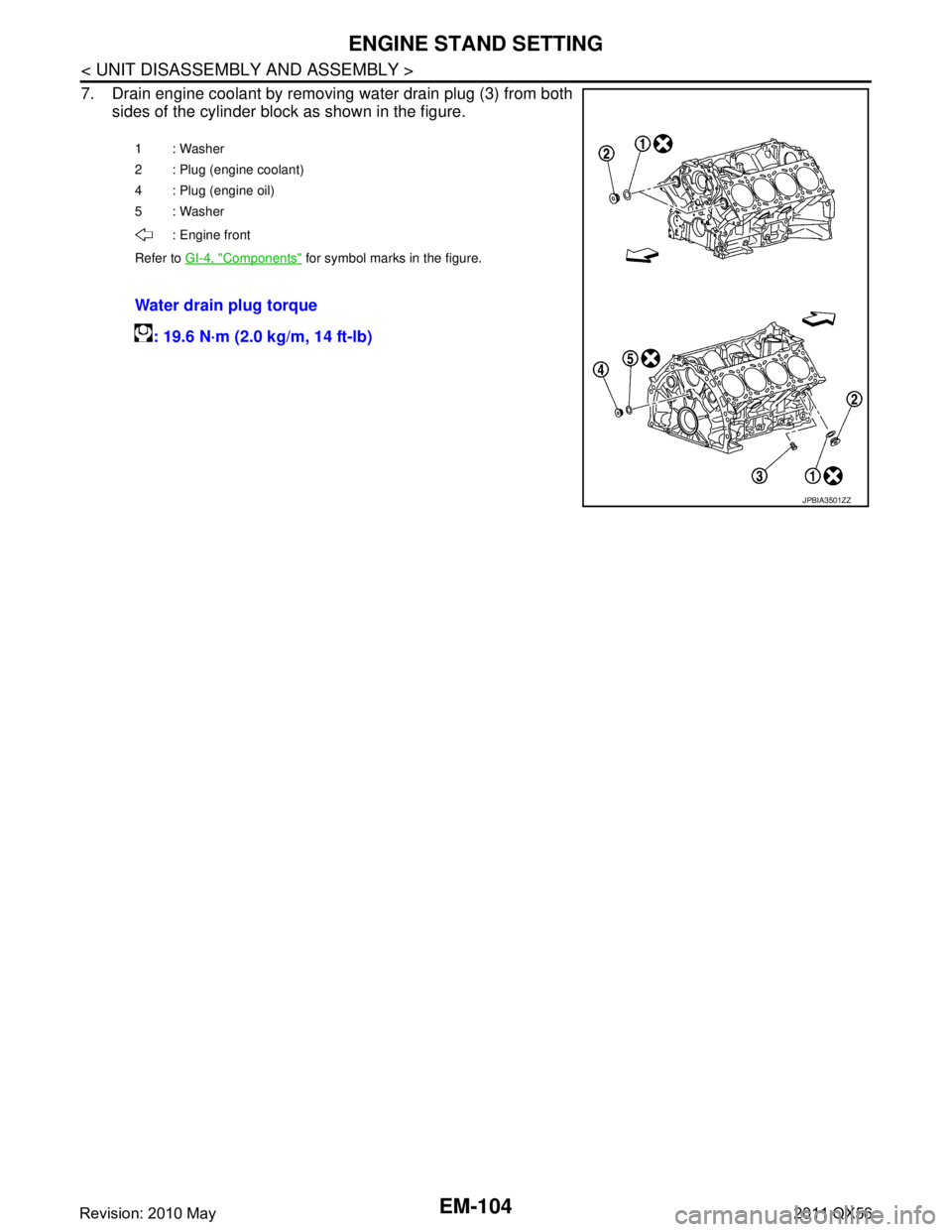 INFINITI QX56 2011  Factory Service Manual 
EM-104
< UNIT DISASSEMBLY AND ASSEMBLY >
ENGINE STAND SETTING
7. Drain engine coolant by removing water drain plug (3) from bothsides of the cylinder block as shown in the figure.
1: Washer
2 : Plug 