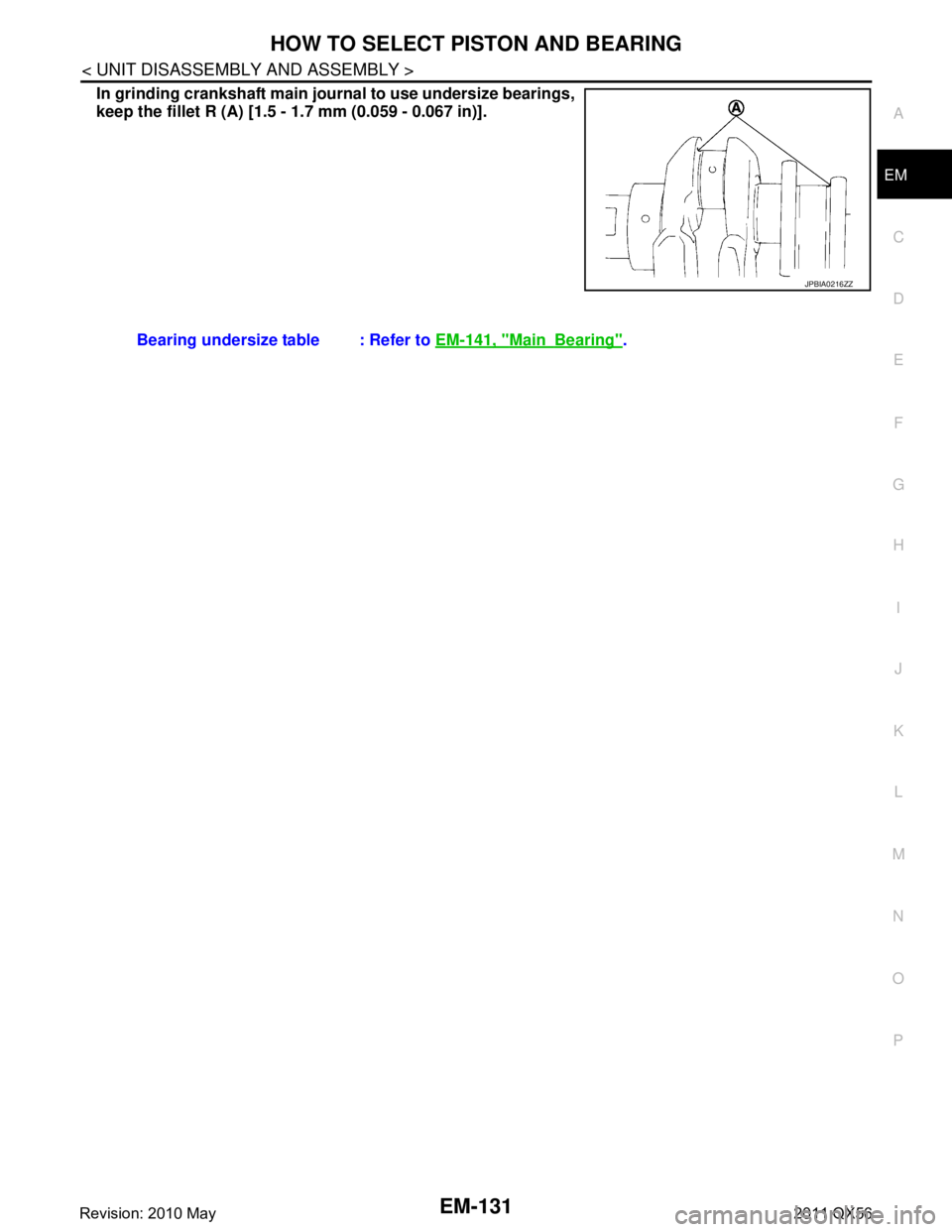 INFINITI QX56 2011  Factory Service Manual 
HOW TO SELECT PISTON AND BEARINGEM-131
< UNIT DISASSEMBLY AND ASSEMBLY >
C
DE
F
G H
I
J
K L
M A
EM
NP
O
In grinding crankshaf
t main journal to use undersize bearings,
keep the fillet R (A) [1.5 - 1.
