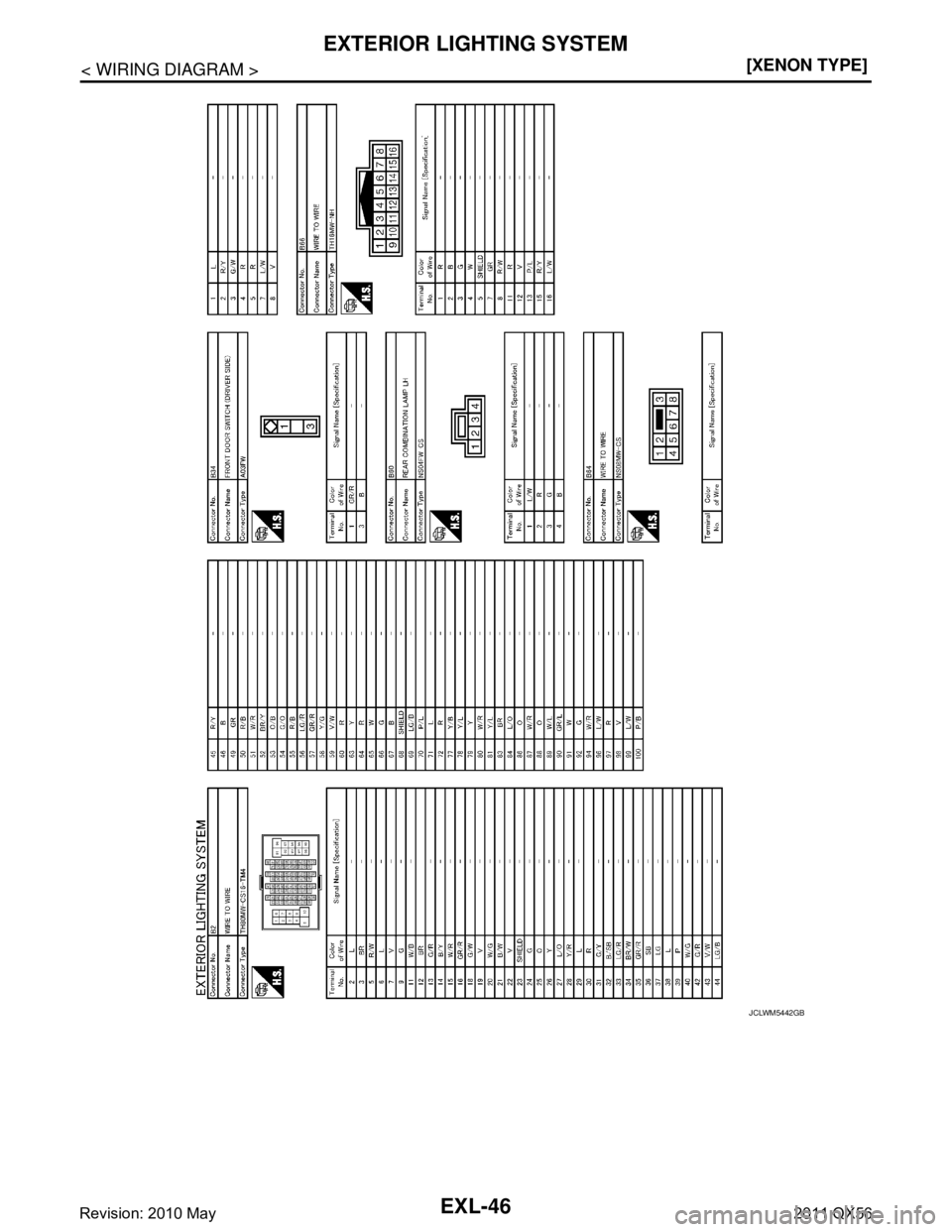 INFINITI QX56 2011  Factory Service Manual 
EXL-46
< WIRING DIAGRAM >[XENON TYPE]
EXTERIOR LIGHTING SYSTEM
JCLWM5442GB
Revision: 2010 May2011 QX56  